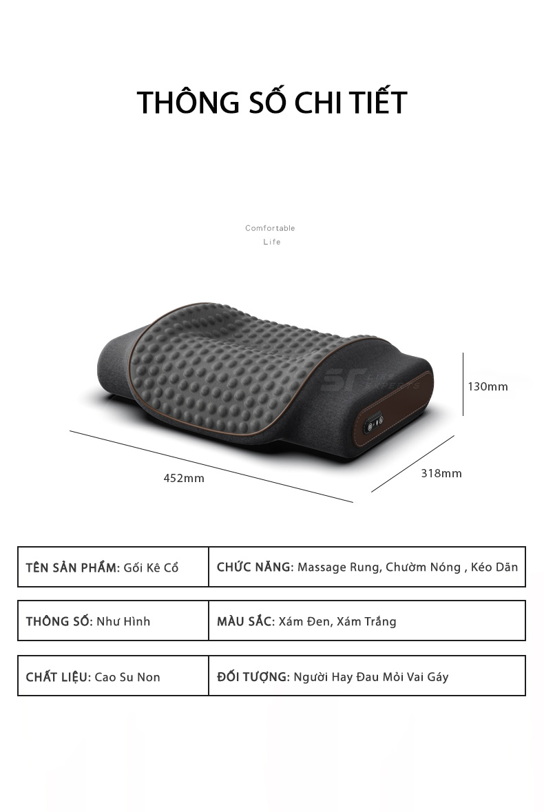 Gối Ngủ Túi Khí Kéo Dãn, Kê Đầu Massage Chườm Nóng Công Thái Học, Giảm Đau Mỏi Cổ Vai Gáy - Sairui