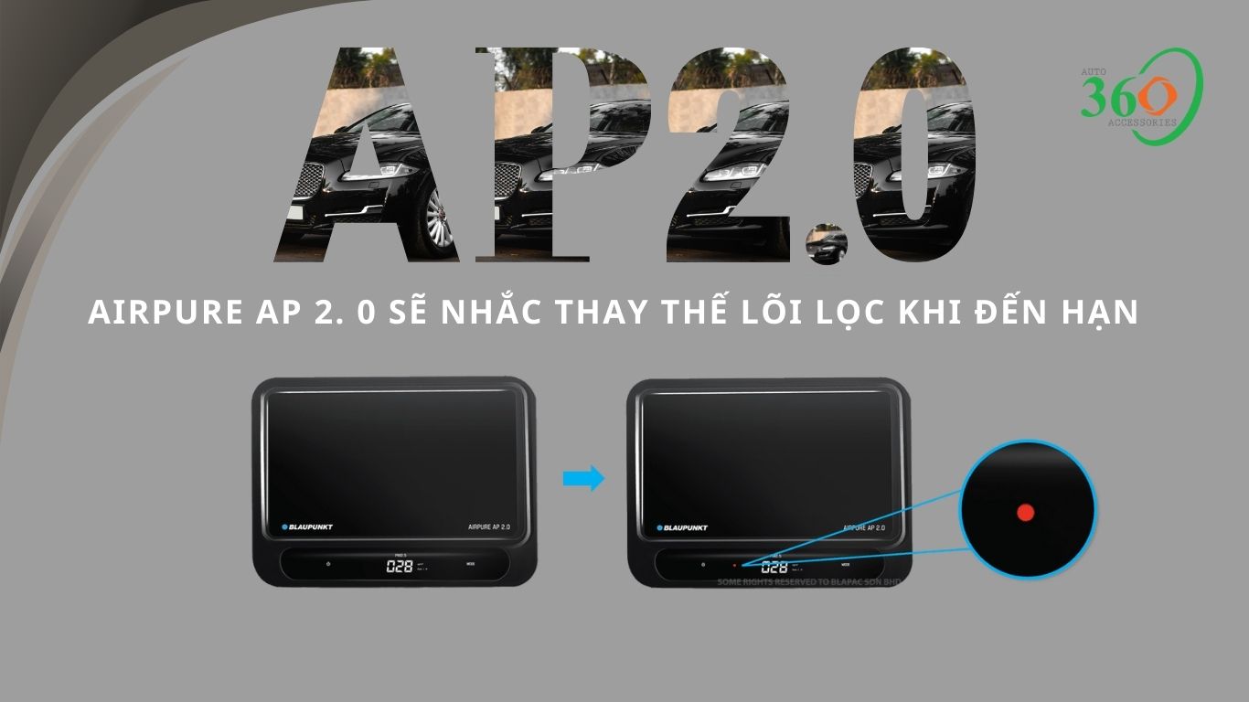 Máy lọc không khí ô tô Blaupunkt Airpure AP 2.0 nhắc thay thế lõi lọc khi đến hạn bằng tiếng kêu và ký hiệu đỏ trên máy