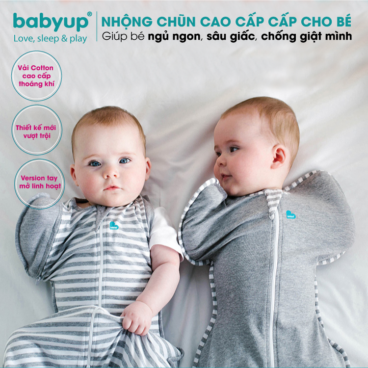 Nhộng chũn cho bé cao cấp Babyup. Nhộng ngủ cho trẻ sơ sinh Giúp bé ngủ ngon, sâu giấc, chống giật mình - Nhộng ngủ Vải cotton co giãn 4 chiều, mềm mại thoáng mát - Có khóa kéo 2 chiều