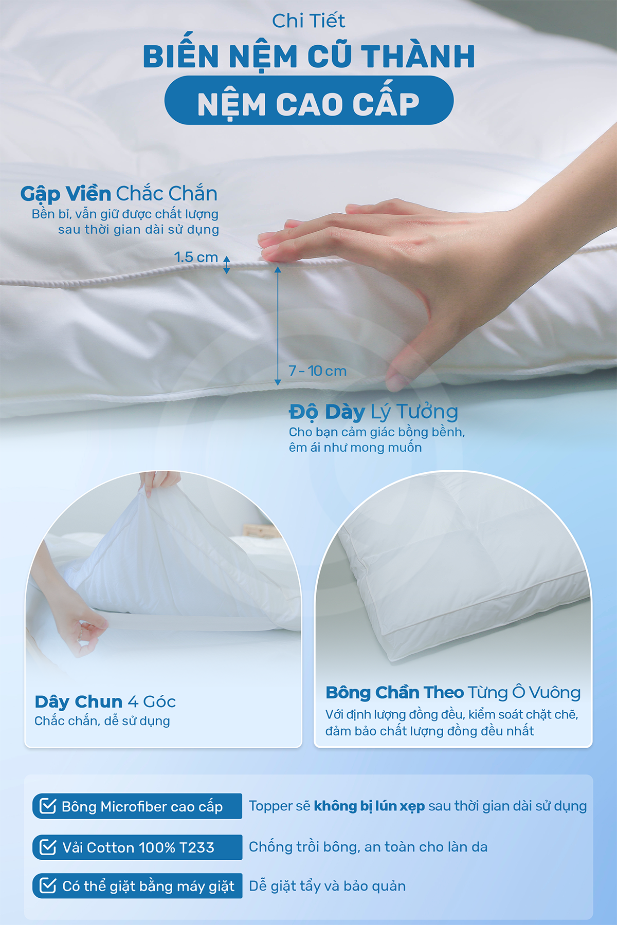 Topper khách sạn 5 sao – Nệm Topper bông Microfiber cao cấp – Tấm làm mềm nệm  - Topper lông vũ nhân tạo