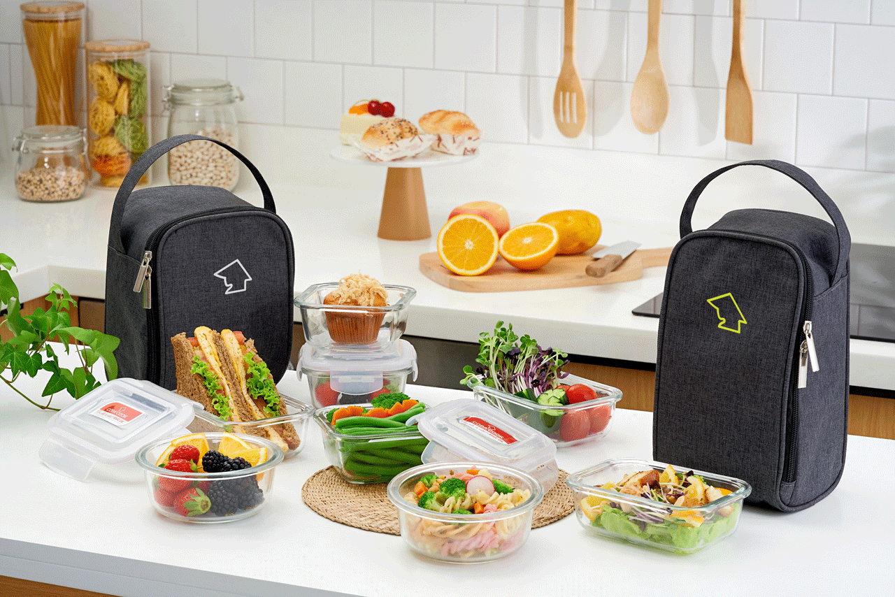 Bộ túi hộp cơm thủy tinh COBA'COOK Thủy tinh cường lực chịu nhiệt tới 400 độ C  Gồm 3 hộp 370ml và 1 túi - CCL33BS