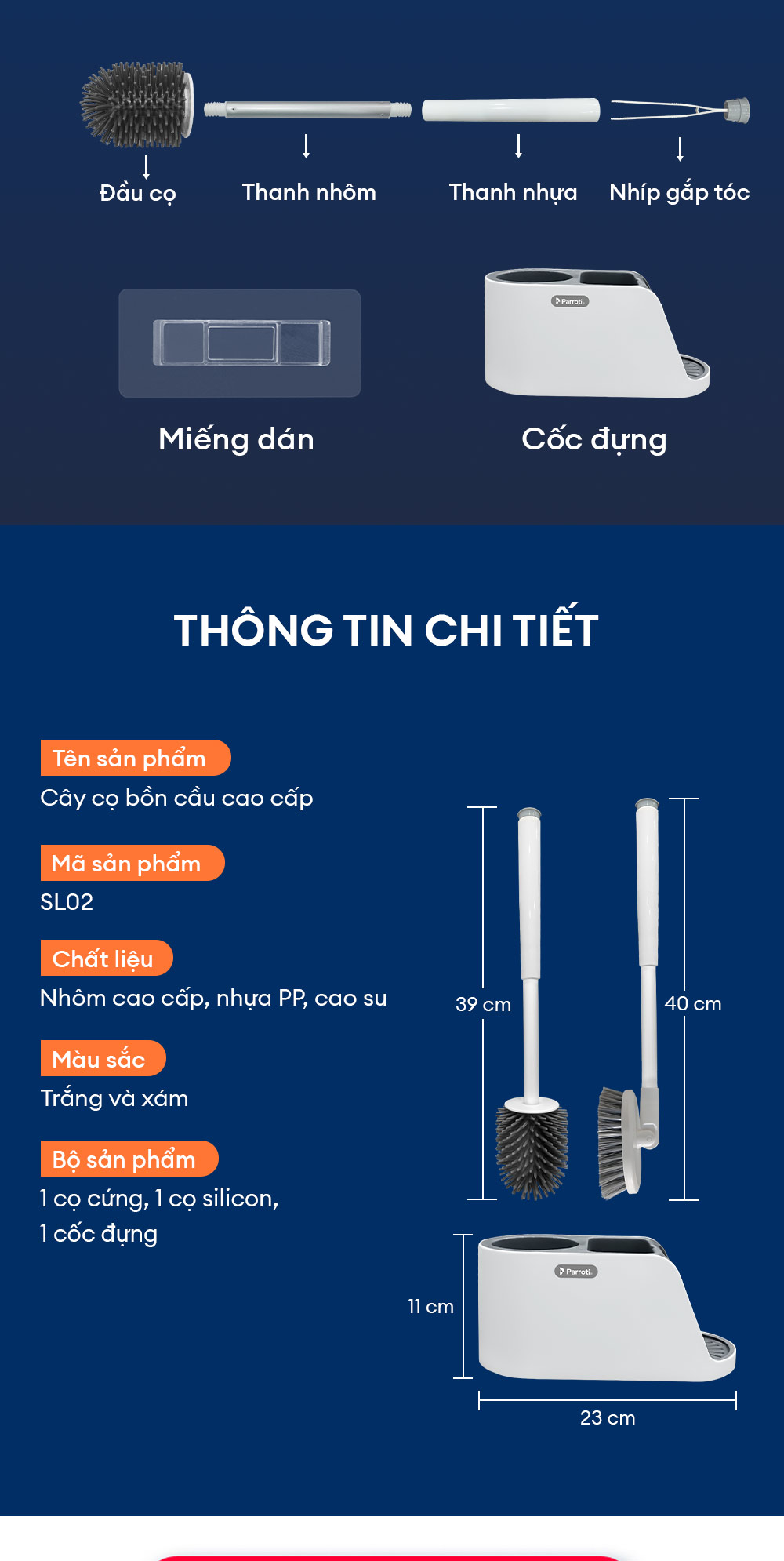 Cọ bồn cầu silicon, cọ toilet nhà vệ sinh 2 trong 1, có thể treo tường và cây gắp tóc Parroti Silicon SL02