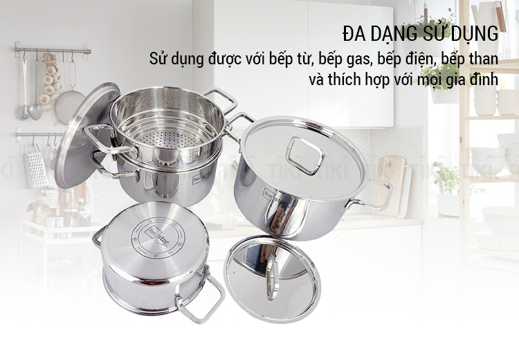 Bộ 4 Nồi Inox 304 3 Lớp Roman Fivestar Nắp Inox 07pcs FS07C Plus