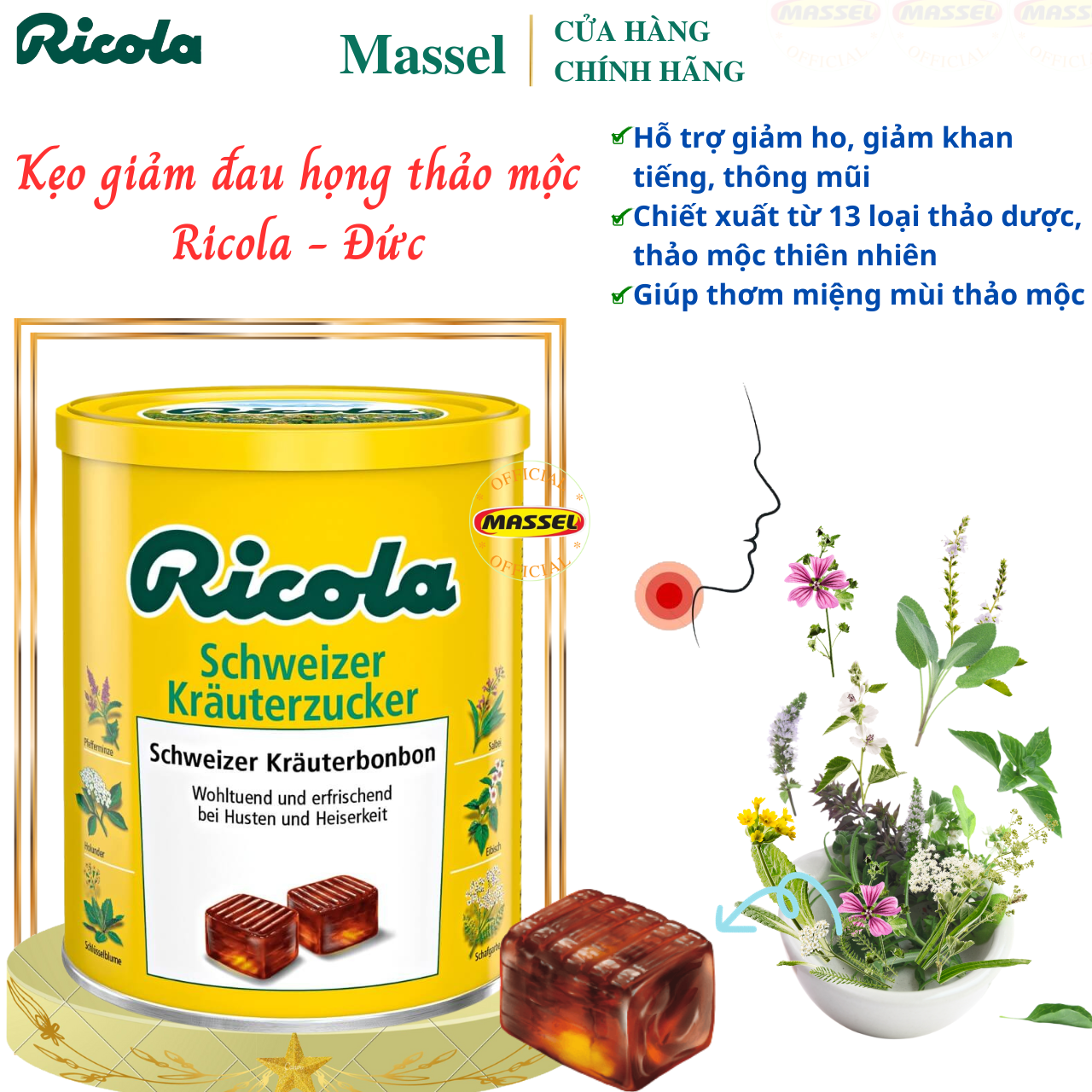 Kẹo ngậm giảm đau họng thảo mộc Ricola Schweizer Krauterzucker