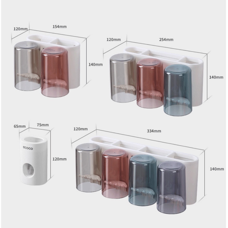 Bộ Dụng Cụ Nhả Kem Đánh Răng Tự Động 2/3/4 Cốc Và Giá Treo Bàn Chải Đa Năng - Chất Liệu ABS Cao Cấp - Hàng Chính Hãng MINIIN 