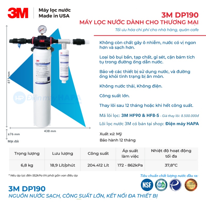 Thông số kỹ thuật Máy Lọc Nước 3M DP190 Chuyên Dùng Trong Thương Mại, Nhập Khẩu Mỹ - Hàng Chính Hãng 3M