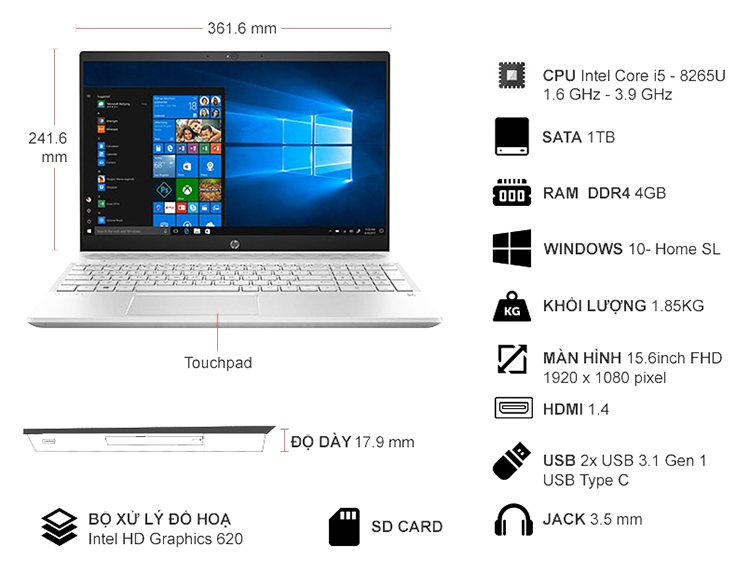 Laptop HP Pavilion 15-cs1008TU 5JL24PA Core i5-8265U/Win10 (15.6