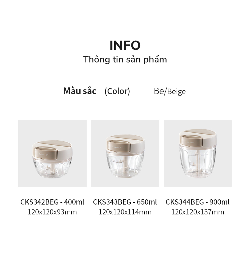 Dụng Cụ Xay Tỏi Ớt LocknLock CKS342BEG, CKS343BEG, CKS344BEG, Hàng Chính Hãng, Kéo Tay - JoyMall