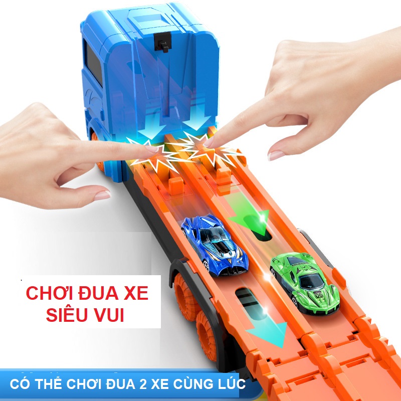 Ô tô đồ chơi xe tải 3 tầng kèm xe đua nhỏ mô hình đường đua xe dài 2m có thể gấp gọn cho bé, quà tặng sinh nhật