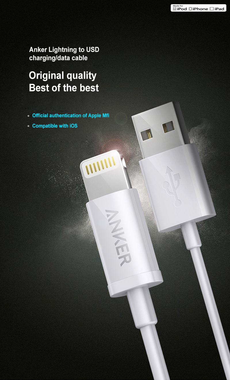 Dây Sạc ANKER Được Chứng Nhận MFi Cho Iphone5 / 6s / 7P / SE / Ipad Air Mini Dây Sạc ANKER A7101621 Được Chứng Nhận MFi Cho Iphone5 / 6s / 7P / SE / Ipad Air Mini