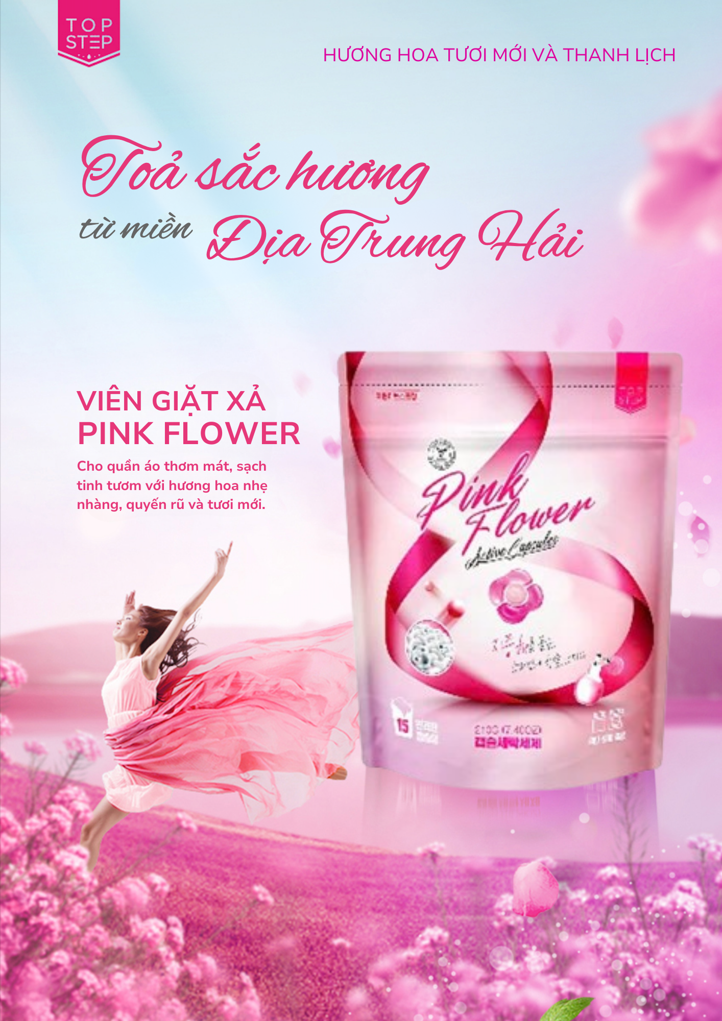 Viên giặt xả Top Step hương Nước hoa tinh tế gói 15 viên (210g)