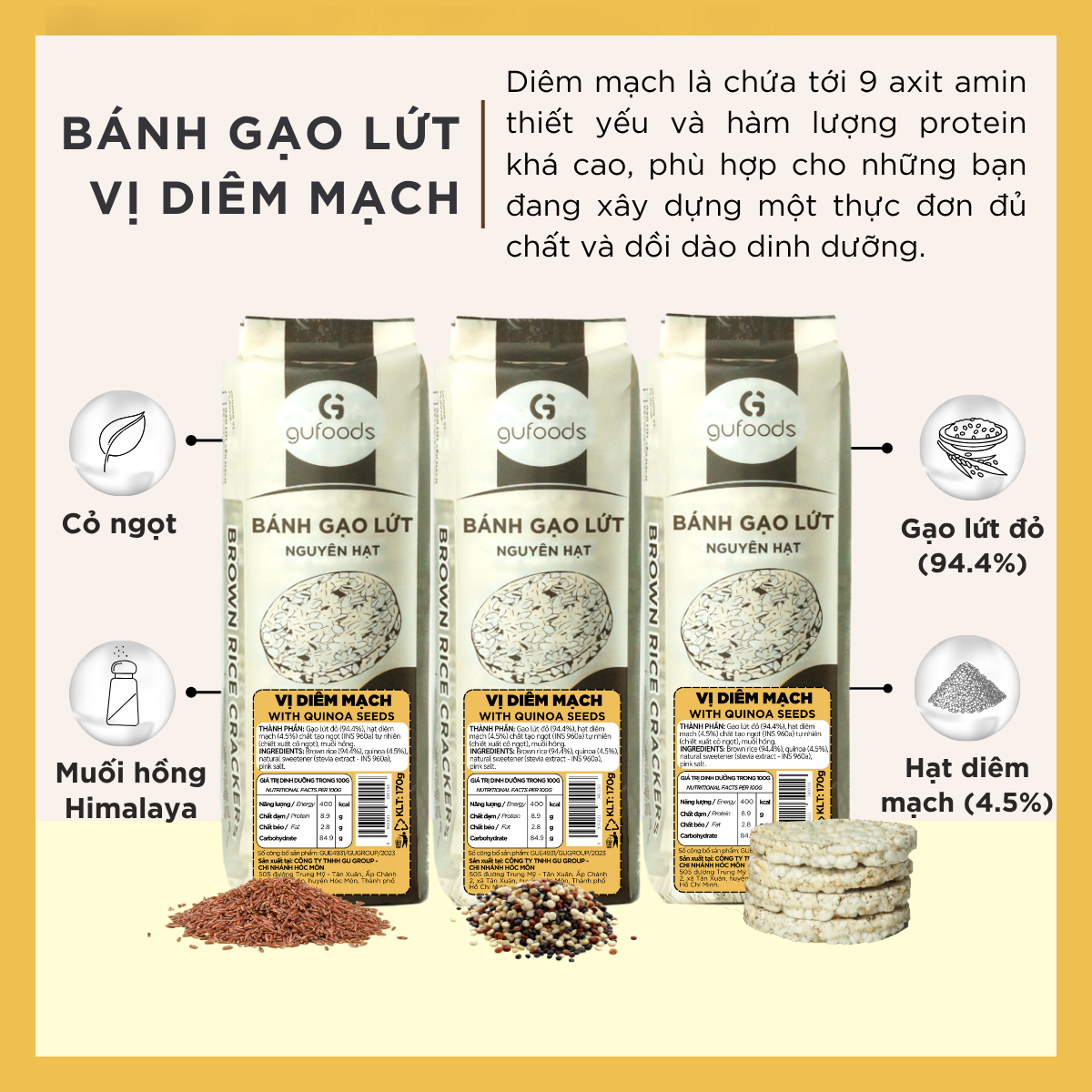 Bánh gạo lứt GUfoods (510g) - Không chiên dầu, Không đường, Từ gạo và ngũ cốc nguyên hạt, Lành mạnh, Phù hợp Eat clean, Ăn vặt healthy, Thực dưỡng, Tập gym, Thuần chay, Đa dạng hương vị