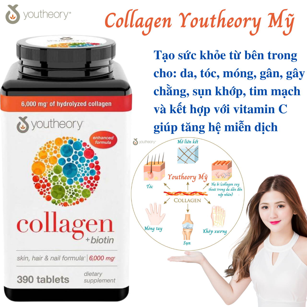 Collagen Vitamin C Youtheory Mỹ Tạo Sức Khỏe Từ Bên Trong Cho Da, Tóc, Móng, Gân, Dây Chằng, Sụn, Khớp Xương, Tim Mạch Và Tăng Hệ Miễn Dịch - Hộp 390 Viên 2