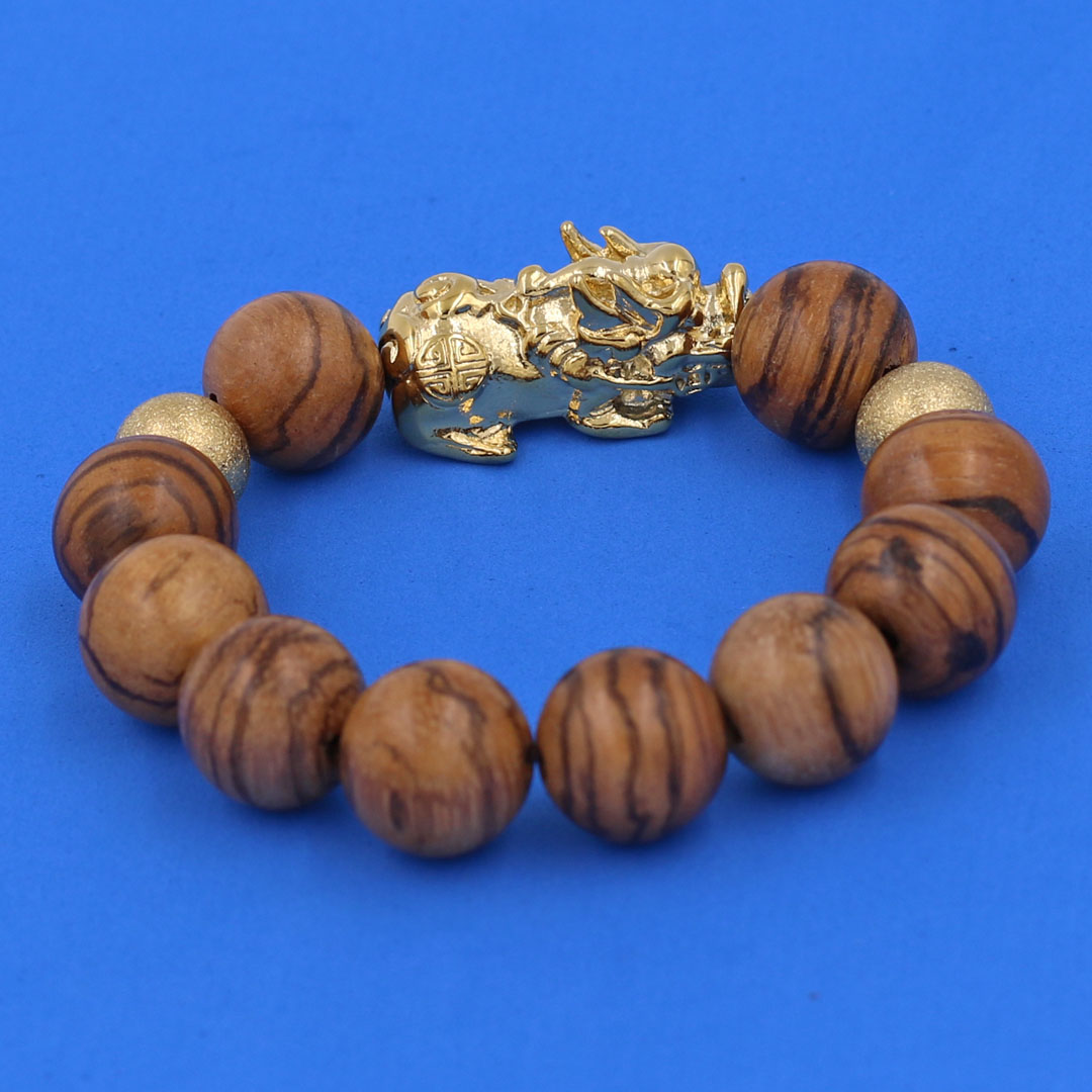 Chuỗi tay Gỗ Huỳnh Đàn 15 ly - Vòng tay Tỳ Hưu inox vàng VGHUDTHHBV15 - Vòng đeo tay size lớn, phù hợp cho nam