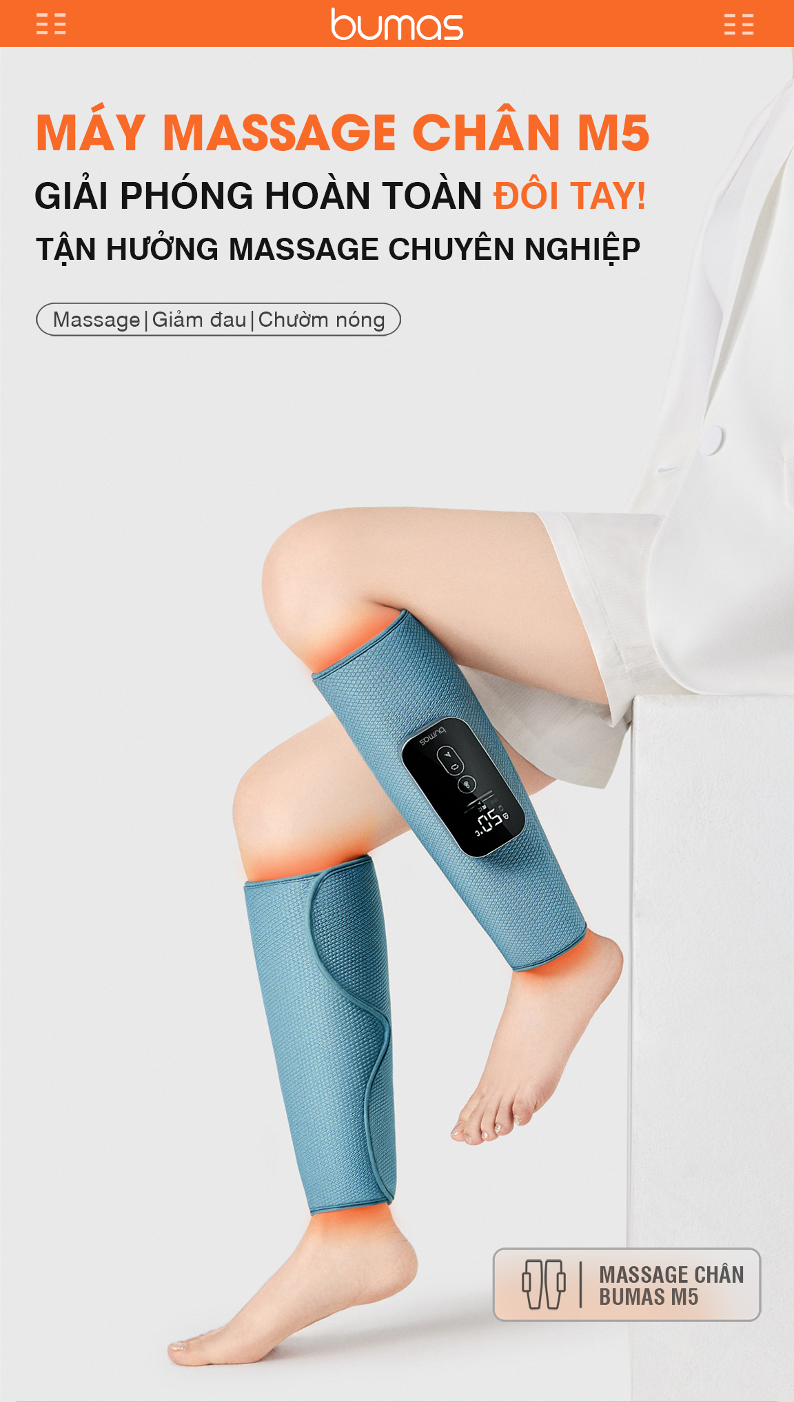 Máy Massage Chân BUMAS M5 - Chườm Nóng Massage Bắp Chân Bằng Khí Nén - Bấm Huyệt Mô Phỏng Bàn Tay Con Người - Hàng Chính Hãng