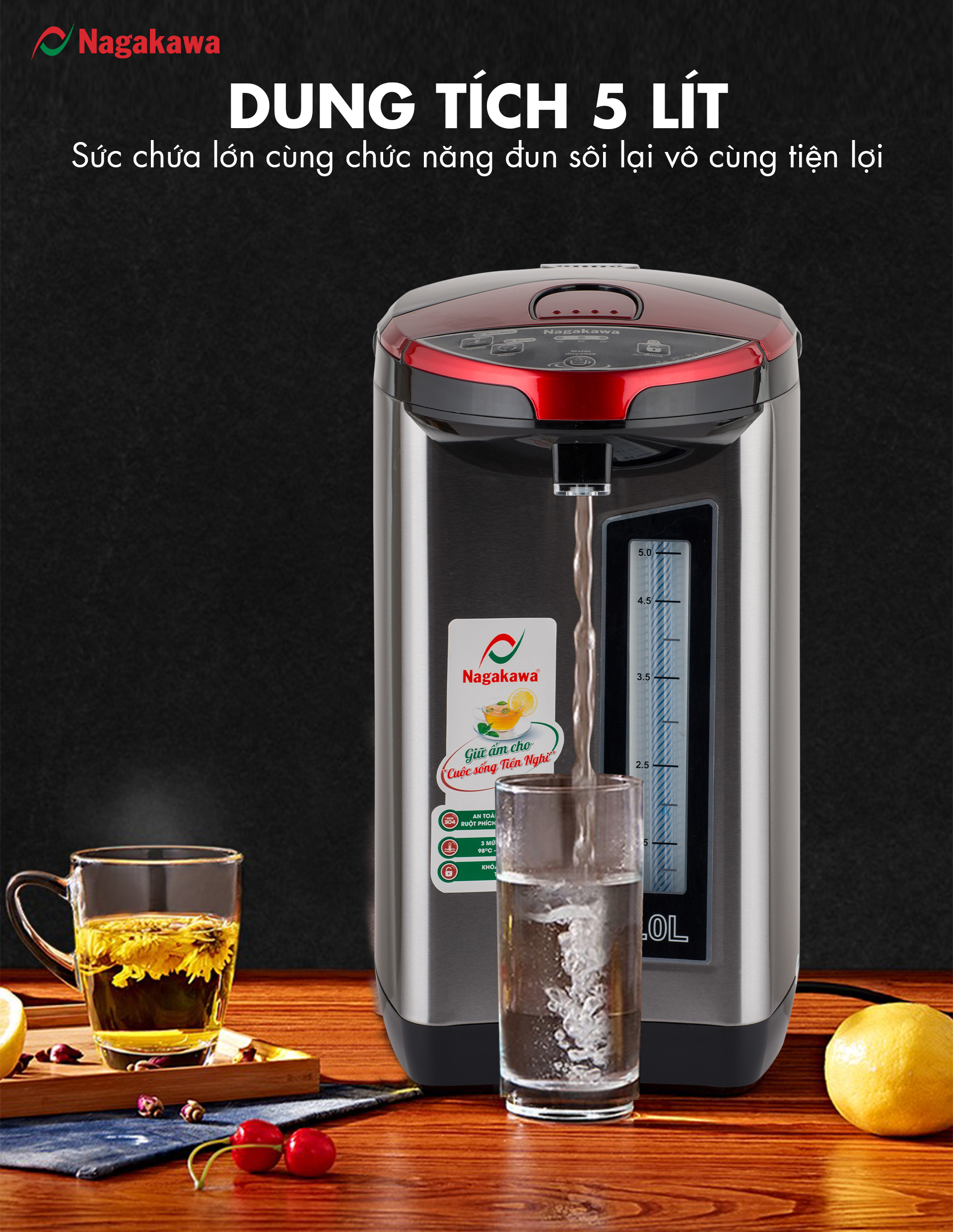 Bình Thủy Điện 3 Mức Nhiệt Nagakawa NAG0405 (5.0 Lít) - Hàng Chính Hãng