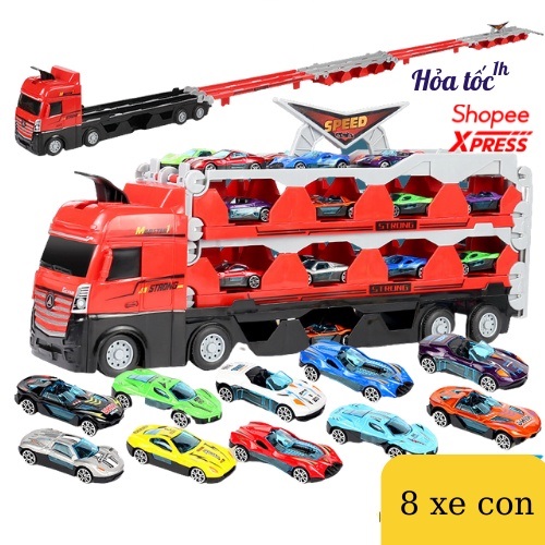 Ô tô đồ chơi xe tải 3 tầng kèm xe đua nhỏ mô hình đường đua xe dài 2m có thể gấp gọn cho bé, quà tặng sinh nhật