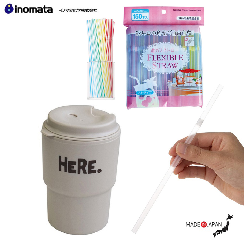 Combo cốc giữ nhiệt có nắp xoay Here 320ml + set 150 chiếc ống hút φ5x180mm - made in Japan