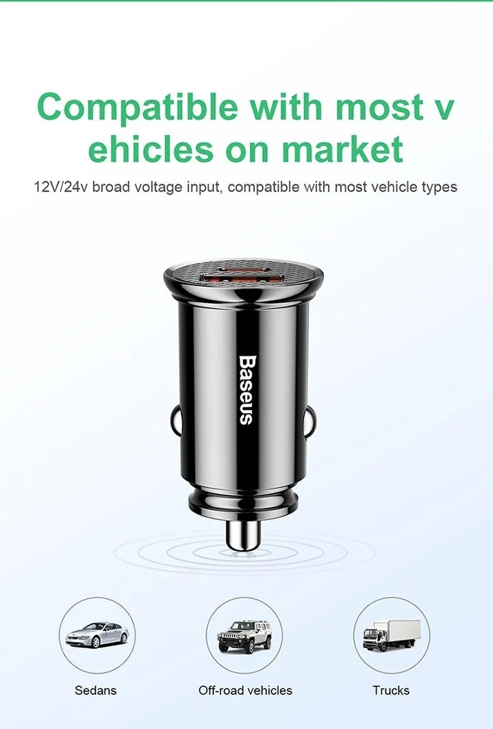 Tẩu sạc trên ô tô Baseus 2 cổng (USB +Type) sạc nhanh Q.C 4.0 30W c- Hàng Chính Hãng