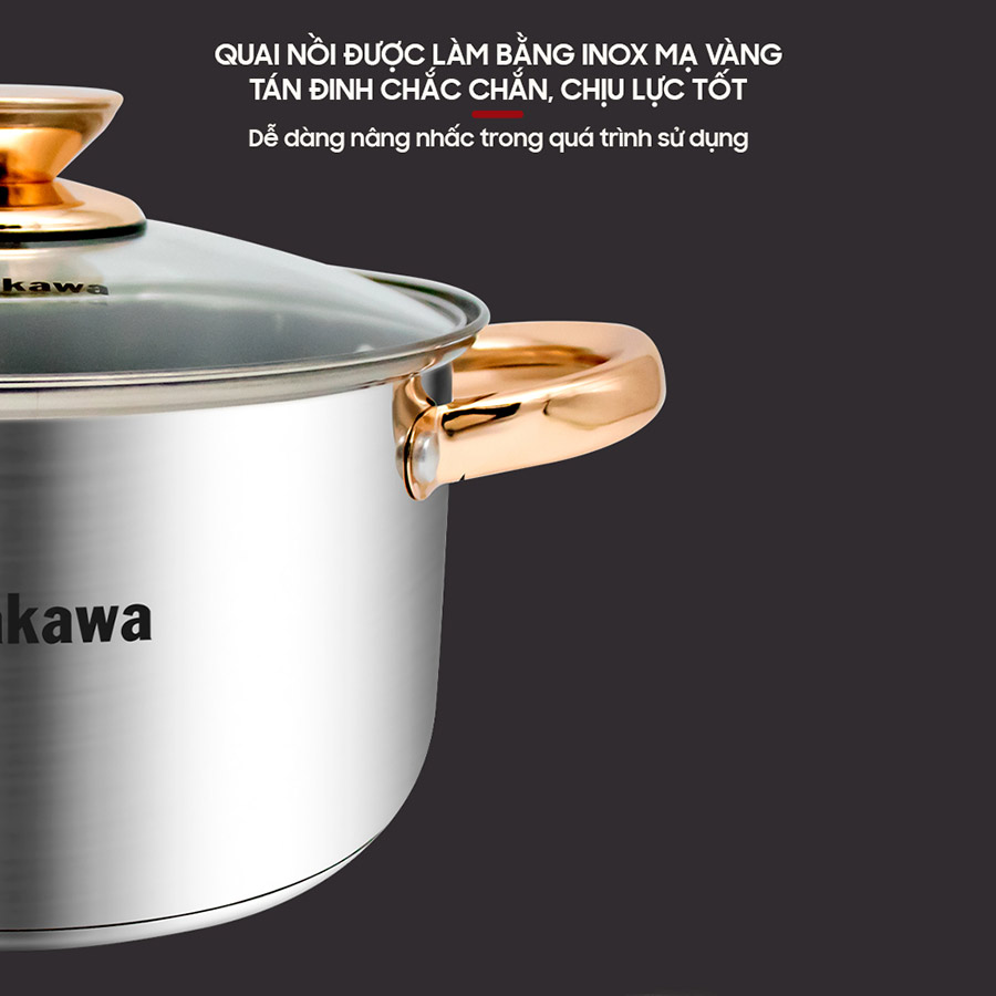 Bộ 3 nồi inox 4 đáy Nagakawa NAG1306 (16cm, 20cm, 24cm) - Quai mạ vàng - Dùng trên mọi loại bếp - Hàng Chính Hãng