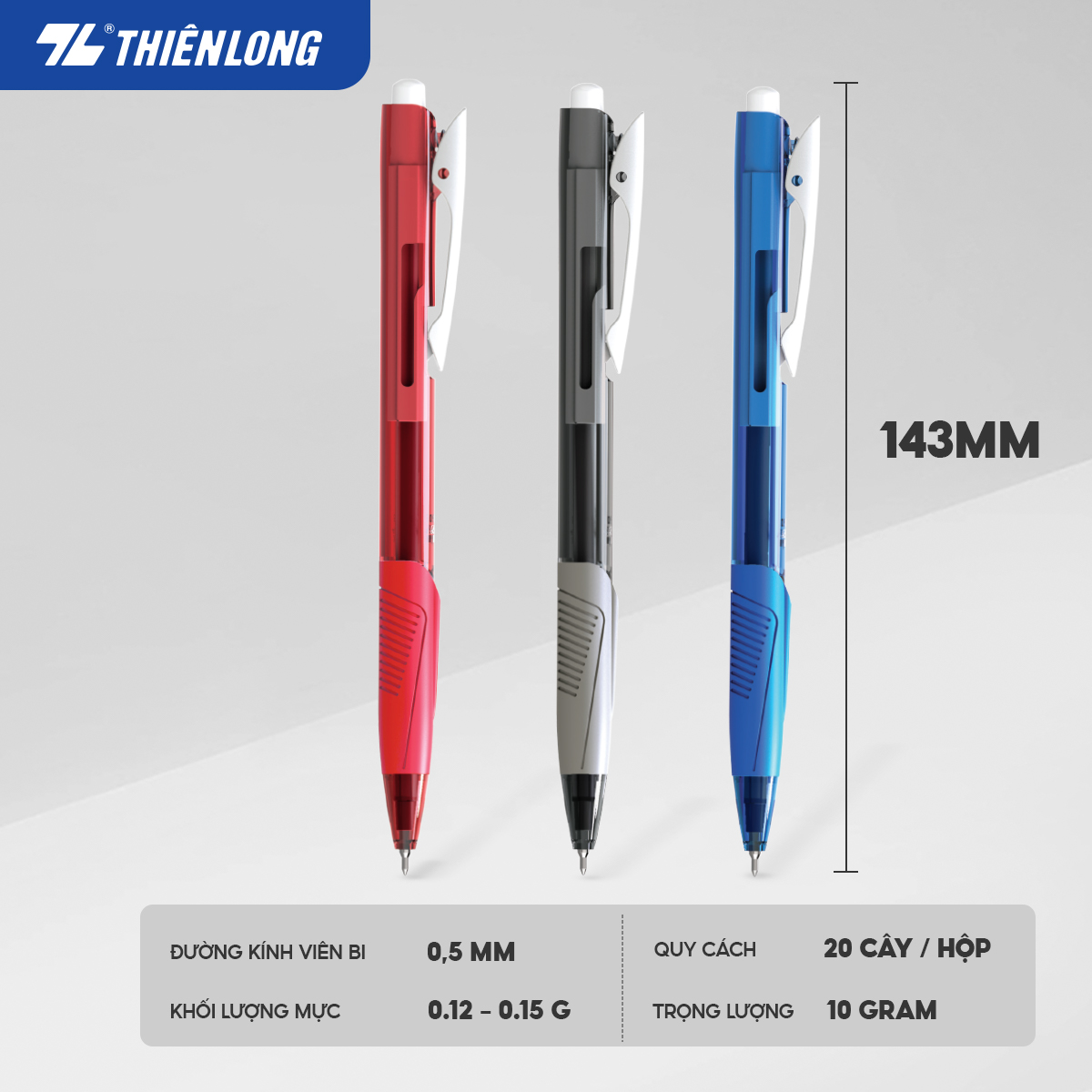 Combo 5-10-20 Bút Bi Thiên Long TL-095 - Tự động thu ngòi khi cài vào túi áo