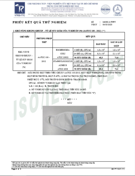Chứng nhận khẩu trang Protech Mask của cty Tanos có tính năng kháng khuẩn sau 30 lần giặt
