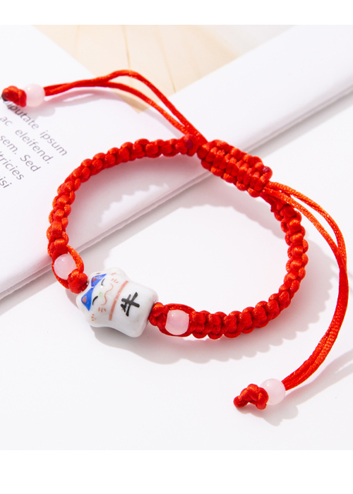 Vòng chỉ đỏ phối mèo thần tài may mắn bằng gốm (CD33)