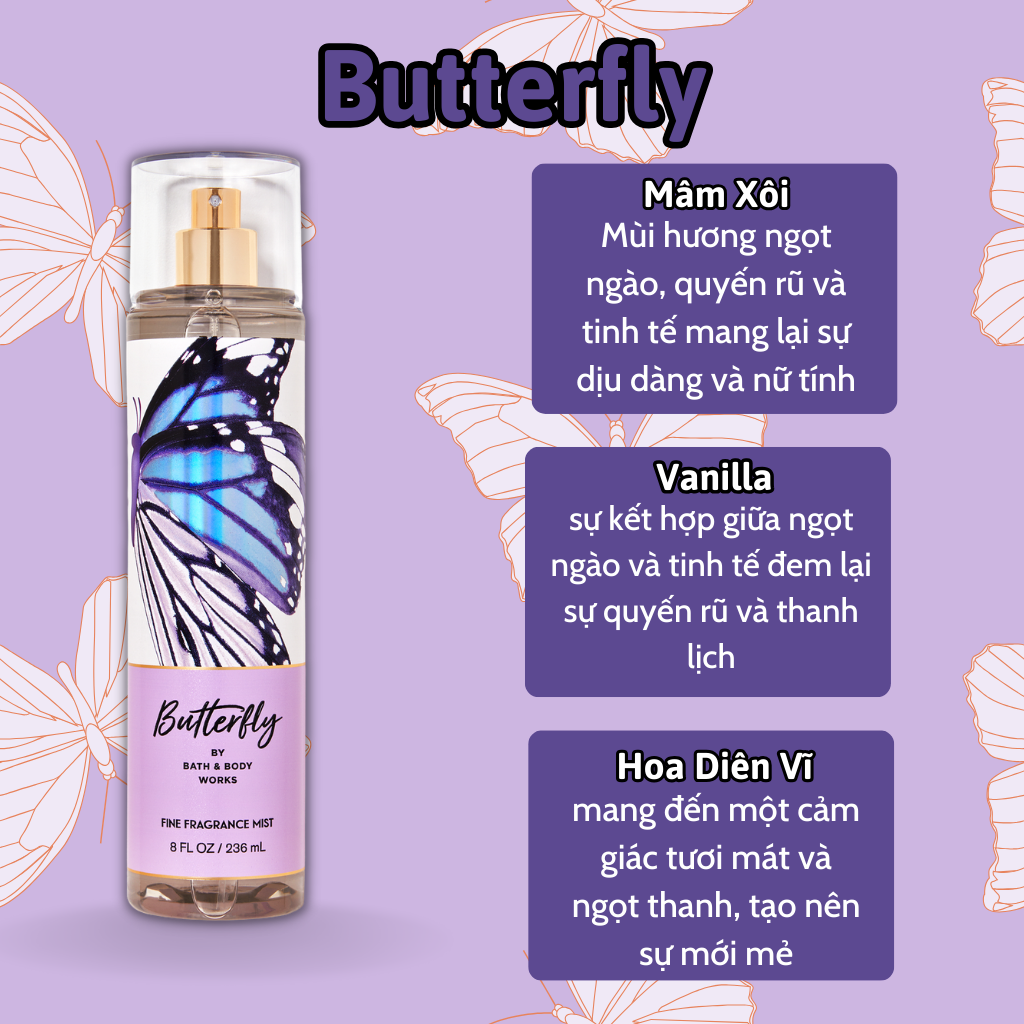 Body Mist Bath And Body Works Nam Nữ Chính Hãng Butterfly, Xịt Thơm Body Toàn Thân Hương Nước Hoa 236ml