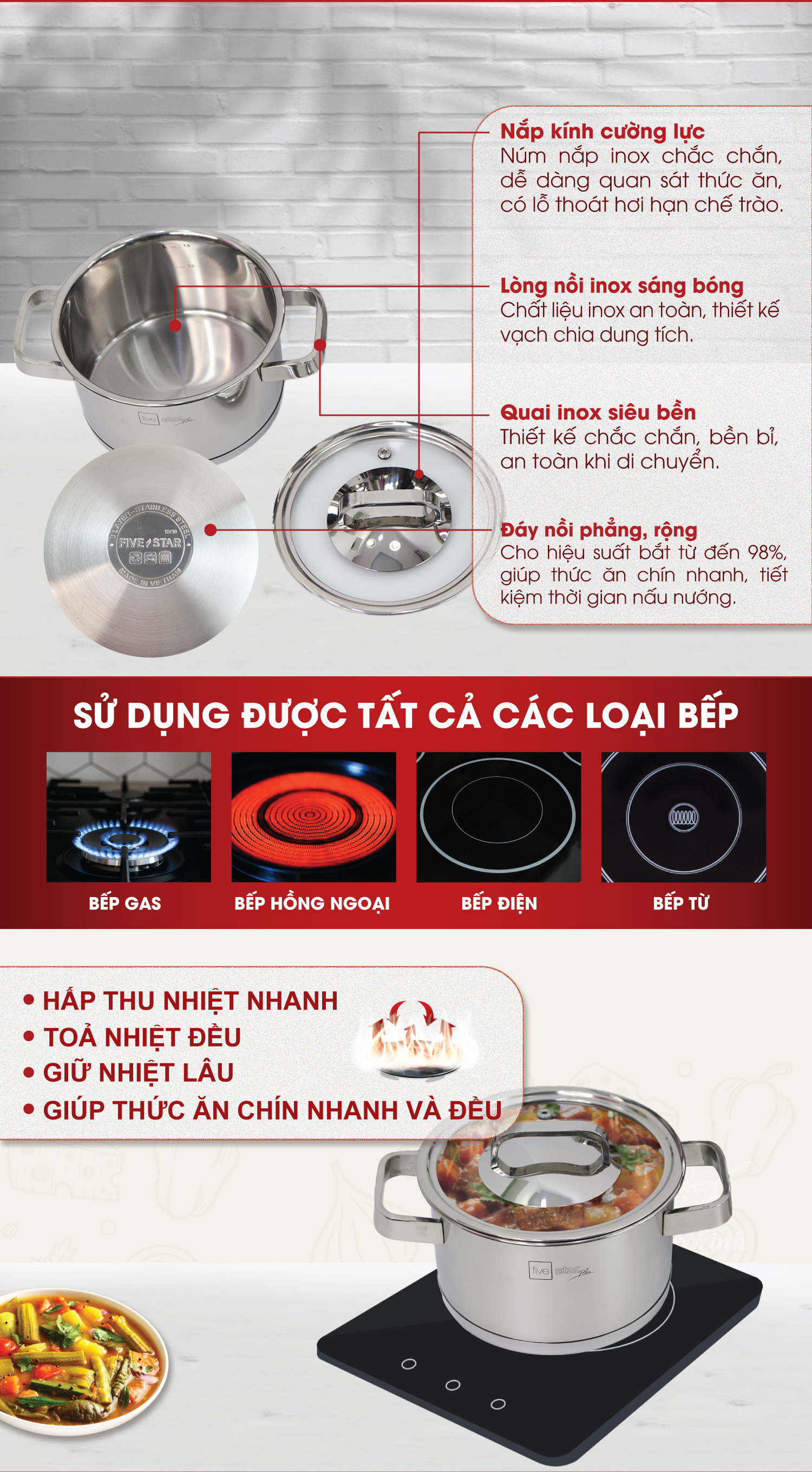 Nồi inox 304 Fivestar 3 đáy bếp từ nắp kính (16cm ), tặng 5 muỗng ăn