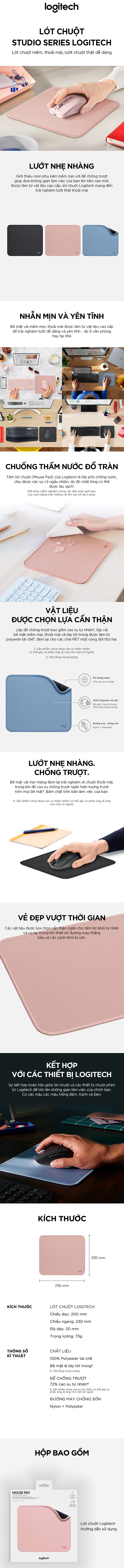 Lót chuột Logitech Mouse Pad - Đế cao su chống trượt, lướt dễ dàng, bề mặt chống đổ tràn, bền bỉ, nhỏ gọn - Màu hồng - Hàng chính hãng