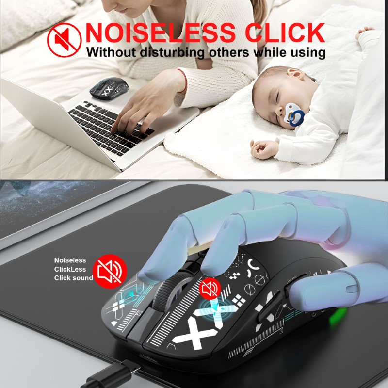 Chuột Led RGB Không Dây chống ồn T90 đa kết nối Bluetooth 5.3 + Usb 2.4 + Cáp 3600Dpi Pin Sạc TypeC hàng nhập khẩu