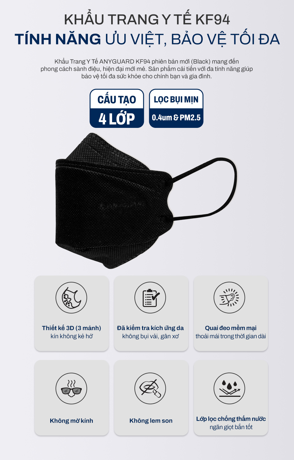 Khẩu Trang Y Tế Hàn Quốc Chính Hãng ANYGUARD KF94 Lọc Bụi Mịn PM2.5, 4 Lớp Ngăn 99% Vi Khuẩn, An Toàn Cho Da Nhạy Cảm, Combo 15 cái Màu Đen