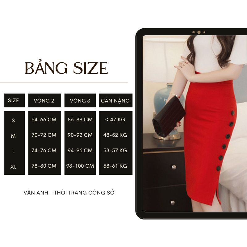 Chân Váy Công Sở, New Design Thiết Kế Dáng Váy Bút Chì Ôm , Xẻ Tà, Phối Nút Trẻ Trung , Dài 62cm ,Vải Tốt Co Giãn Nhẹ CV0061