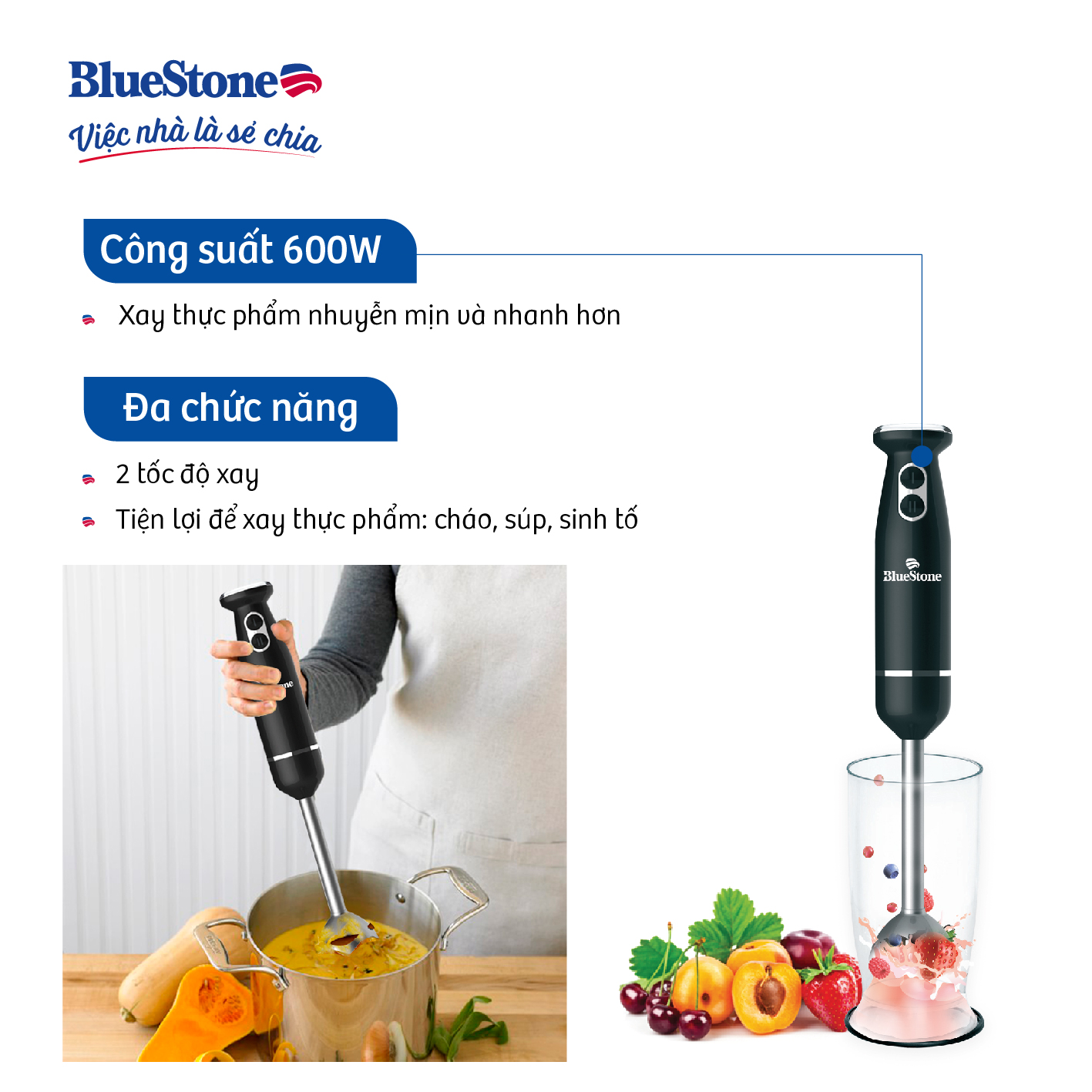 Máy Xay Sinh Tố Cầm Tay Bluestone BLB-5216 (600W) - Hàng chính hãng