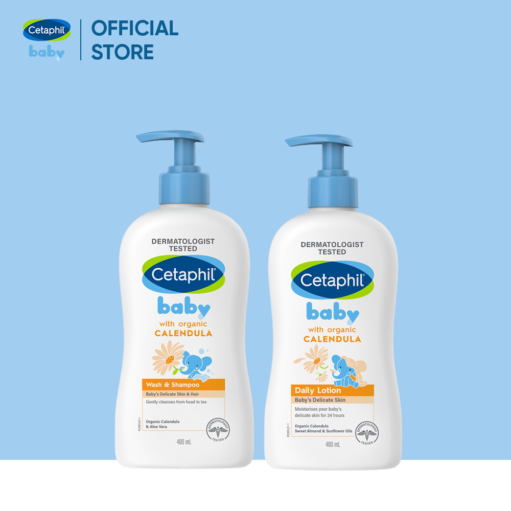 Combo Sữa tắm gội Cetaphil Baby W&S with Organic Calendula 400ml + Sữa dưỡng thể Cetaphil Baby with Organic Calendula 400ml