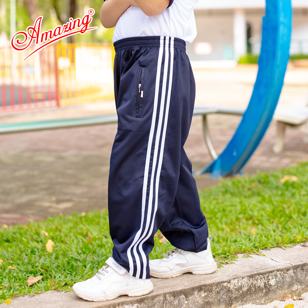 Quần thể dục 3 sọc Amazing cho bé trai đi học, đồ thể thao nam nữ các cấp, vải thun cào, size 15-110kg