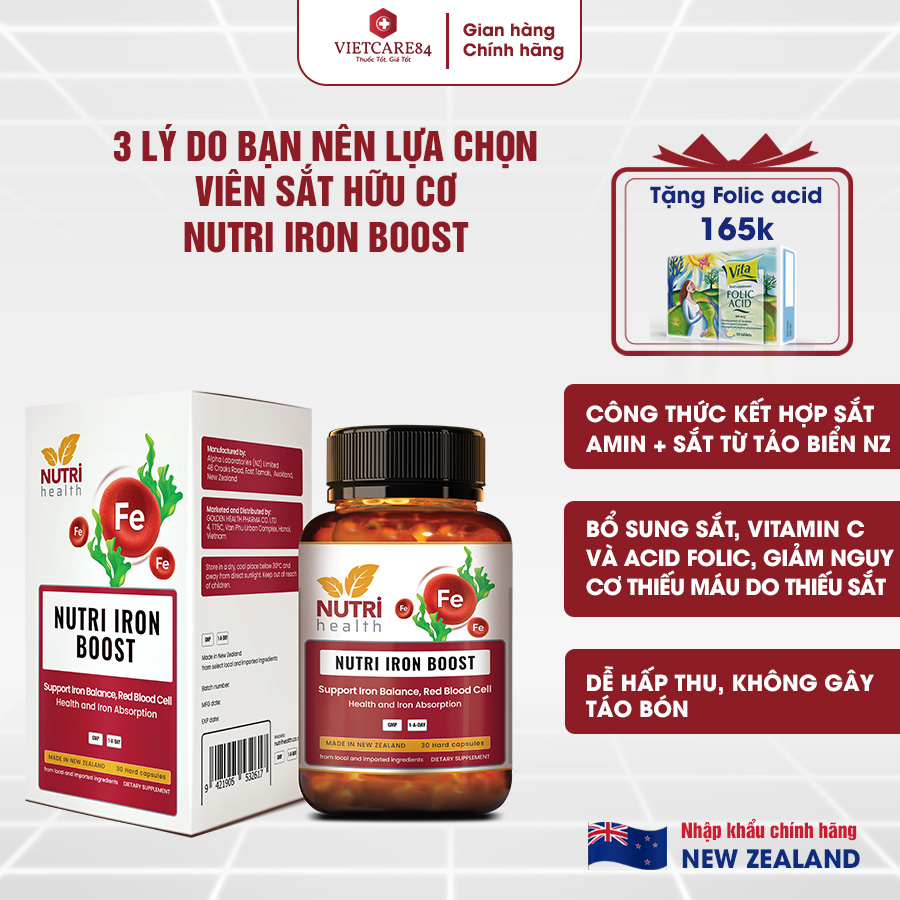 [Tặng Folic Acid] Viên Sắt Hữu Cơ New Zealand Nutri Iron Boost 30 Viên | Giúp Bổ Sung Sắt, Acid Folic Cho Cơ Thể - Nhập Khẩu Chính Hãng