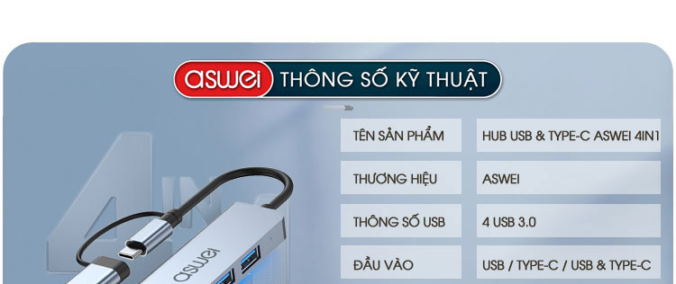 bộ chia usb 3.0, hub chuyển đổi usb type c aswei