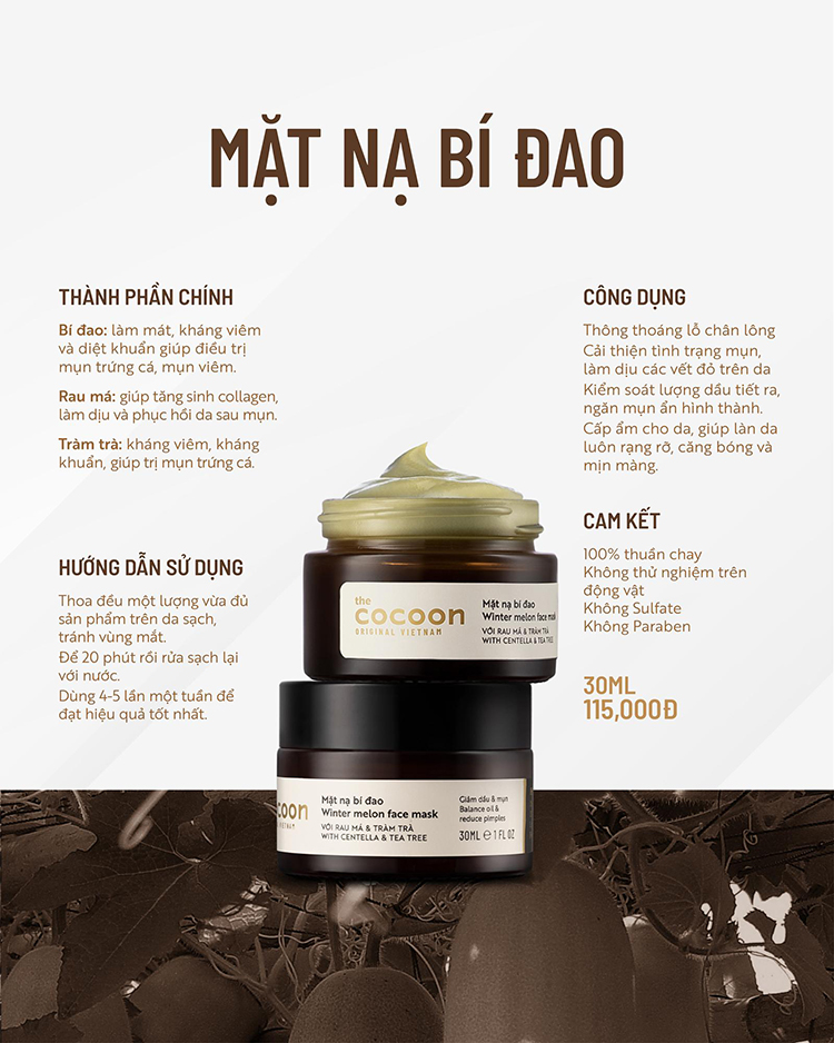 Combo chăm sóc da mụn chuyên sâu Cocoon : Gel bí đao rửa mặt Cocoon 140ml + Nước bí đao cân bằng da Cocoon 140ml +Tinh chất bí đao Cocoon 70ml + Dung dịch chấm mụn bí đao Cocoon 5ml + Mặt nạ bí đao 30ml