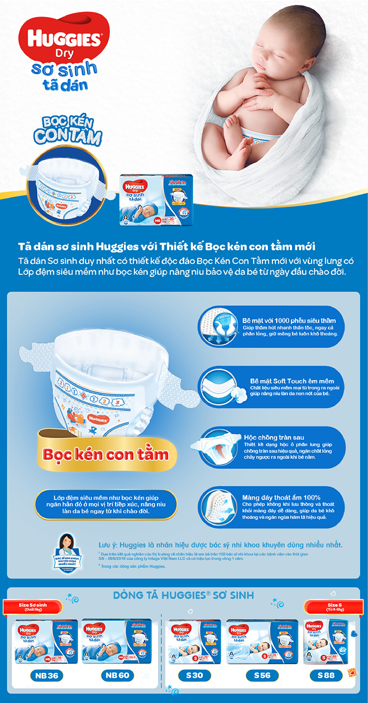 Tã Dán Sơ Sinh Huggies NB - Dưới 5kg (40 Miếng)