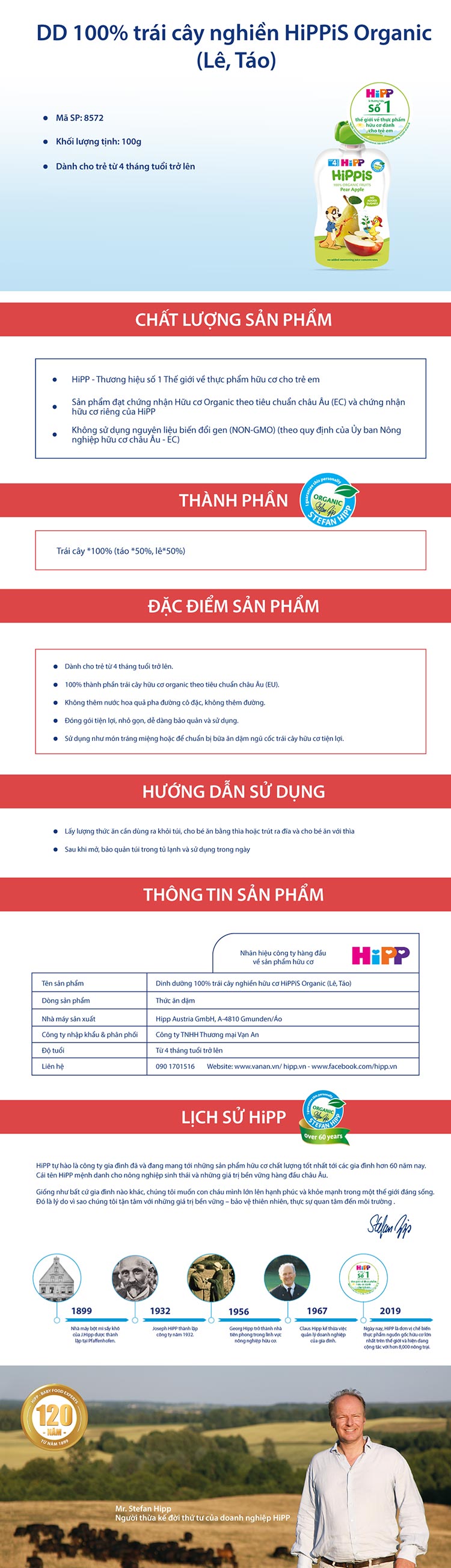 Trái Cây Nghiền Hữu Cơ HiPPiS Organic Lê, Táo - 8572 (100g)