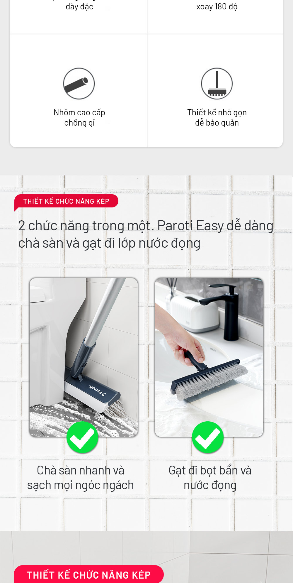 Cây chà sàn nhà tắm, chổi cọ sàn và gạt nước 2 trong 1, cọ sạch khe hẹp và góc tường – Parroti Easy ES04