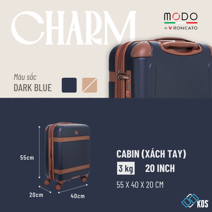 Vali du lịch MODO BY RONCATO CHARM nhựa ABS chống va đập, thương hiệu Ý, bảo hành quốc tế