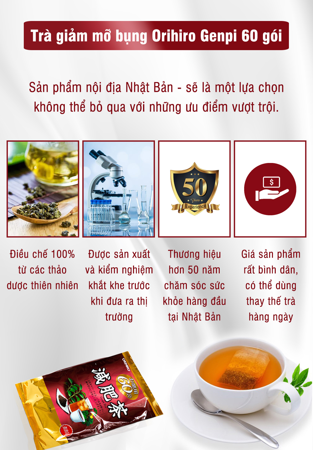 Trà giảm mỡ bụng Genpi Orihiro Nhật Bản hỗ trợ giảm mỡ bắp tay, đùi hiệu quả, chống oxy hoá gói 60 túi lọc JN-ORGEN01