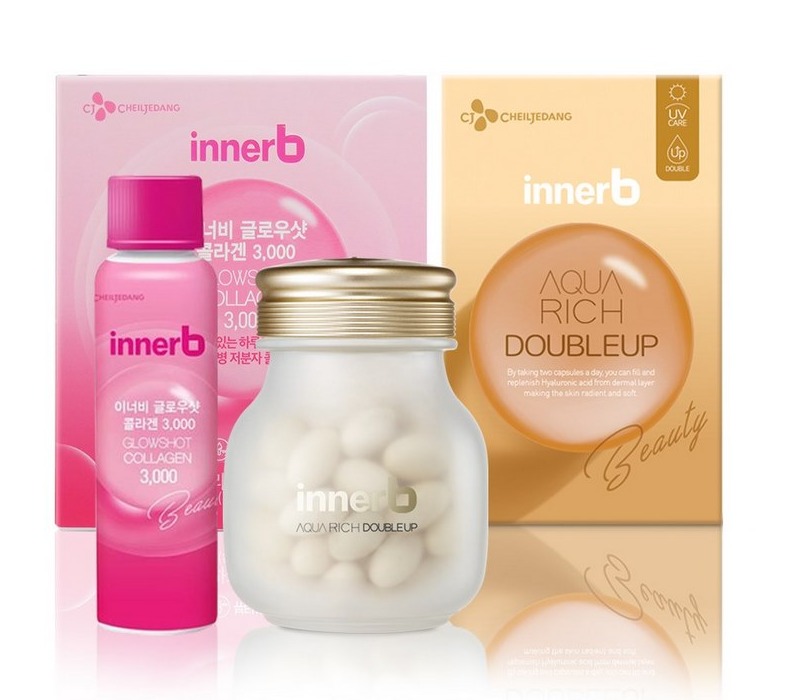 Combo hộp nước uống Collagen InnerB Glowshot (50mlx6) & INNERB AQUA RICH DOUBLEUP (giúp giữ ẩm da sáng mịn từ Axit Hyaluronic) lọ 56 viên 1