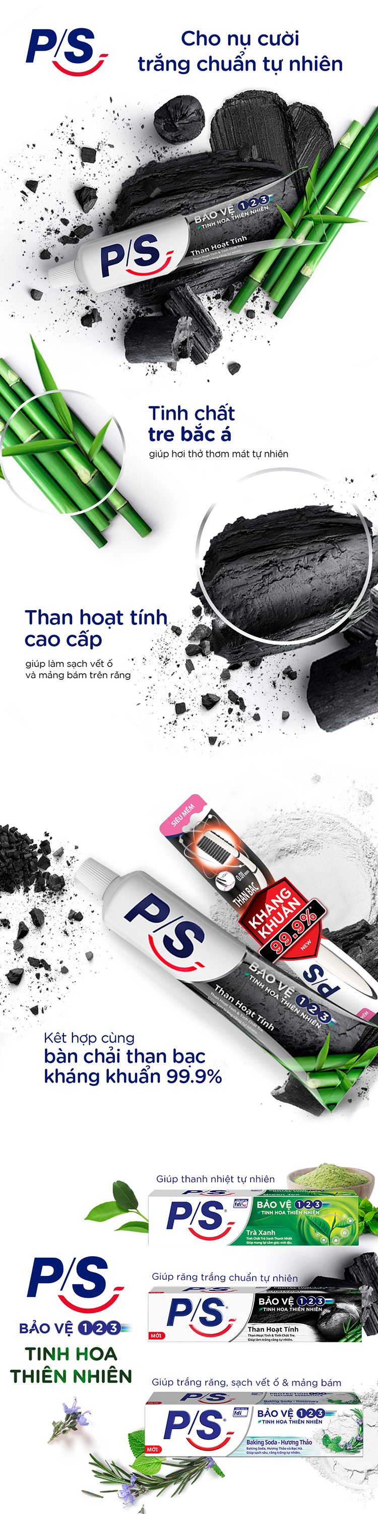 Combo 2 Kem Đánh Răng P/S Than Hoạt Tính 180g Và Bộ 2 Bàn Chải P/S Than Bạc