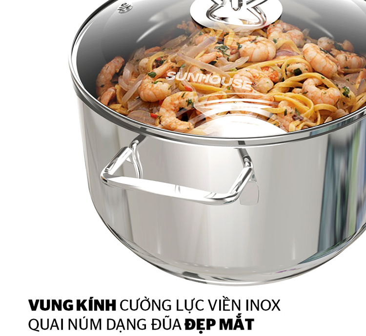 Bộ 3 Nồi Inox 3 Đáy Vung Kính Bếp Từ Sunhouse SH888 (16cm, 20cm, 24cm)