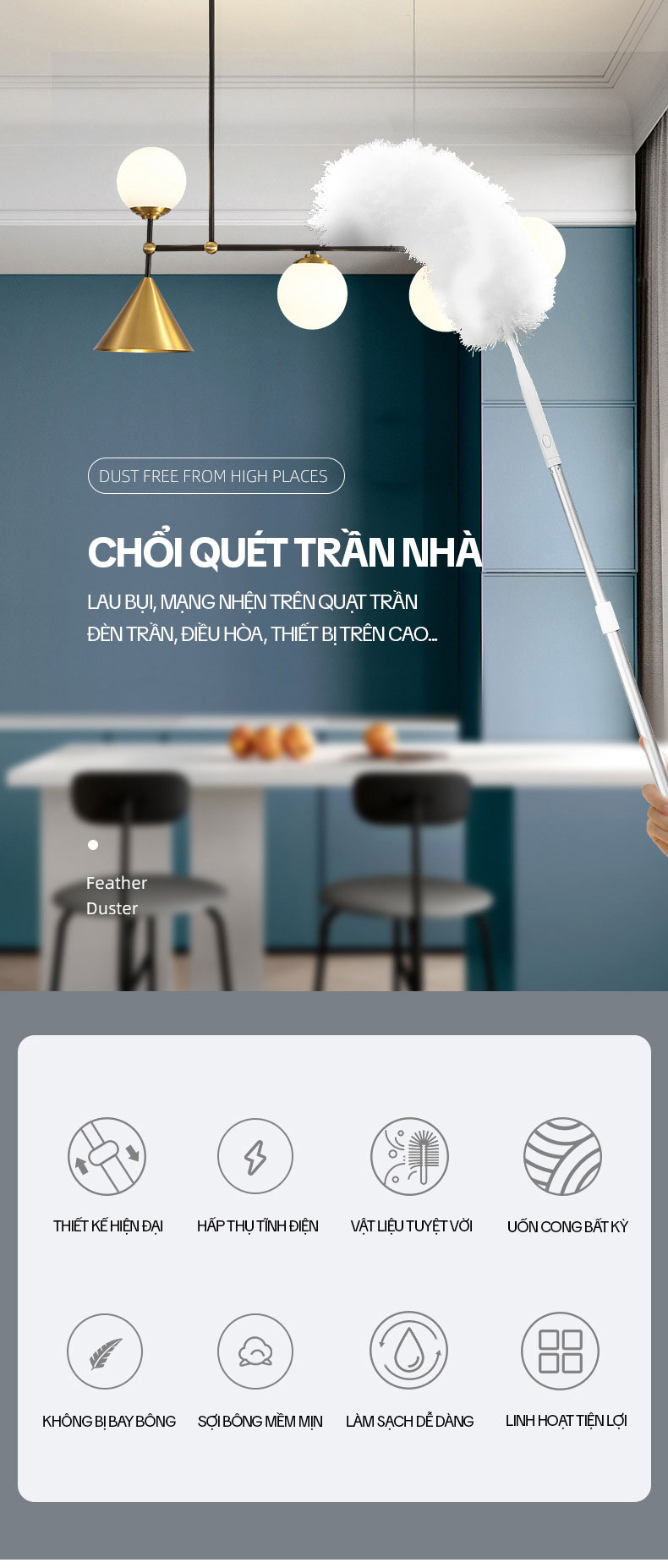 Chổi Quét Trần Nhà OKwife HD-7823A-40, Cây Quét Mạng Nhện Đa Năng, Chổi Lông Quét Bụi Trần Nhà