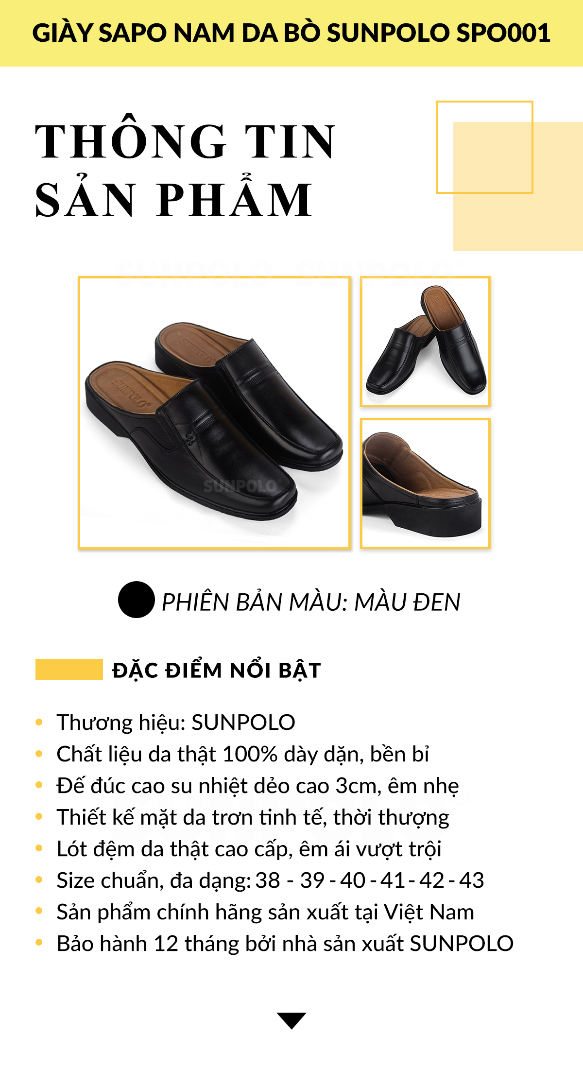 Giày Sapo Bít Mũi Nam Da Bò Cao Cấp SUNPOLO SPO001 (Đen)