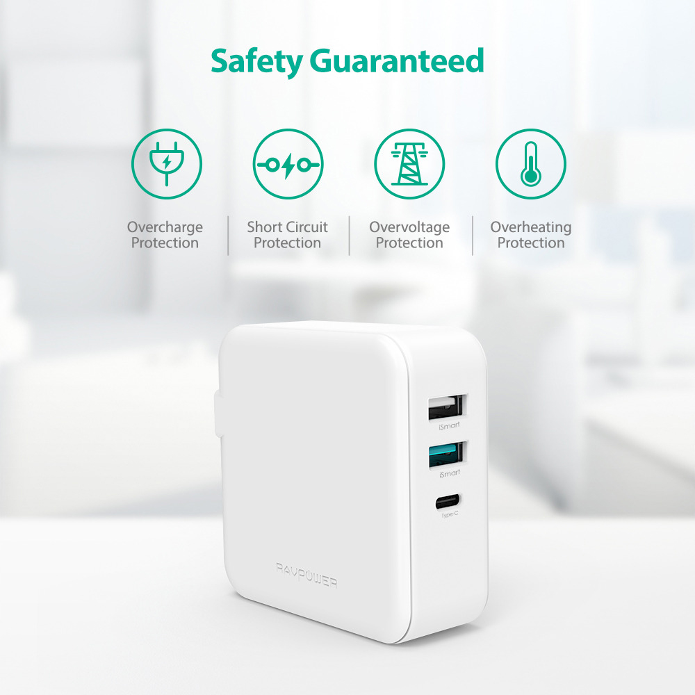 Sạc RAVPower RP-PC082, PD65W, USB-C, QC3.0, EU/US Plug - Hàng Chính Hãng